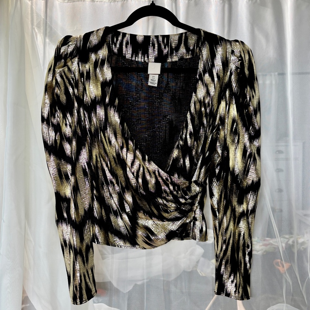 H&M Black and Metallic Gold Fitted Wrap Blouse Long Sleeve